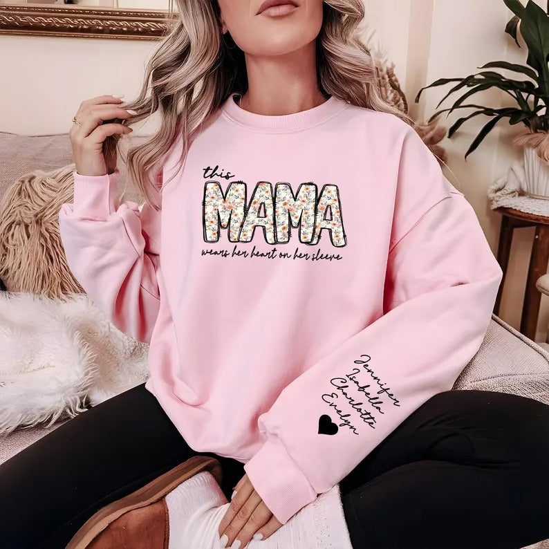 Personalised Mama Crewneck Sweatshirt, Custom Kids Name on Sleeve Sweater, Floral Mama Printed Mother Day Jumper, Mothers Day Gift for Mom