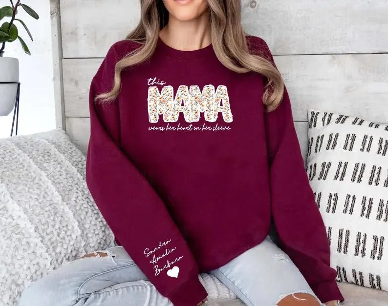 Personalised Mama Crewneck Sweatshirt, Custom Kids Name on Sleeve Sweater, Floral Mama Printed Mother Day Jumper, Mothers Day Gift for Mom