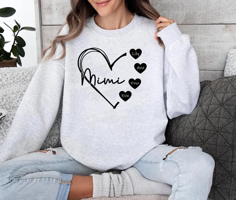Custom Mimi Heart Sweatshirt, Personalised Mimi Crewneck, Cute Sweatshirt for Mom, Comfortable Mama Pullover, Mother's Day Gifts for Mimi