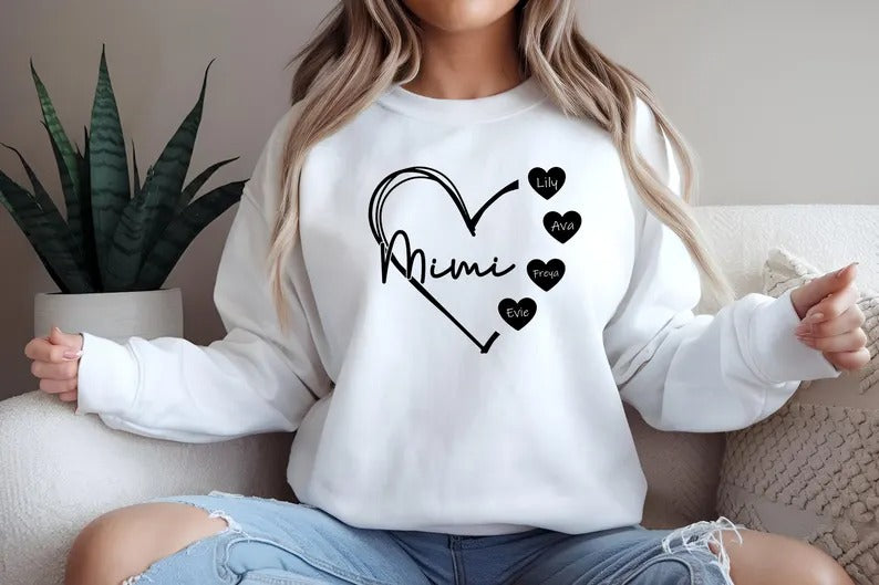 Custom Mimi Heart Sweatshirt, Personalised Mimi Crewneck, Cute Sweatshirt for Mom, Comfortable Mama Pullover, Mother's Day Gifts for Mimi