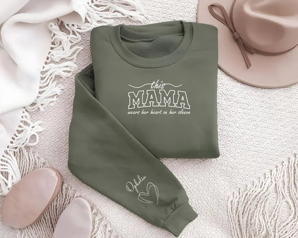 This Mama Wears Her Heart On Her Sleeve Sweater, Mom Sweatshirt Mother's Day Jumpers, Mom Crewneck Sweaters, Mothers Day Gifts