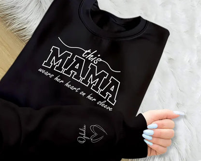 This Mama Wears Her Heart On Her Sleeve Sweater, Mom Sweatshirt Mother's Day Jumpers, Mom Crewneck Sweaters, Mothers Day Gifts