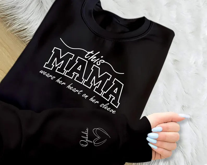 This Mama Wears Her Heart On Her Sleeve Sweater, Mom Sweatshirt Mother's Day Jumpers, Mom Crewneck Sweaters, Mothers Day Gifts