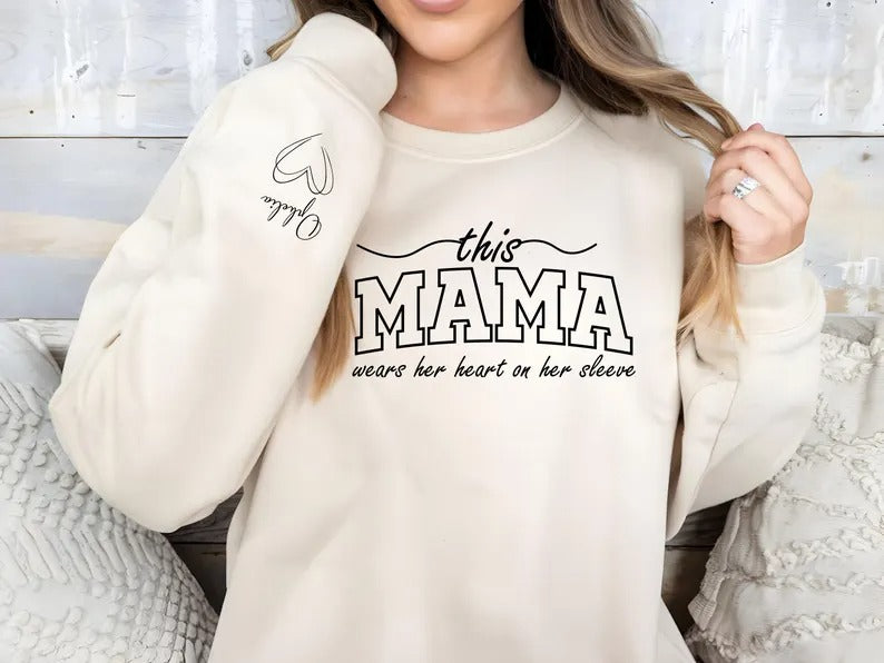 This Mama Wears Her Heart On Her Sleeve Sweater, Mom Sweatshirt Mother's Day Jumpers, Mom Crewneck Sweaters, Mothers Day Gifts