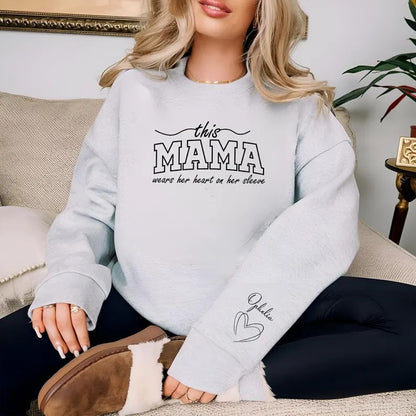 This Mama Wears Her Heart On Her Sleeve Sweater, Mom Sweatshirt Mother's Day Jumpers, Mom Crewneck Sweaters, Mothers Day Gifts