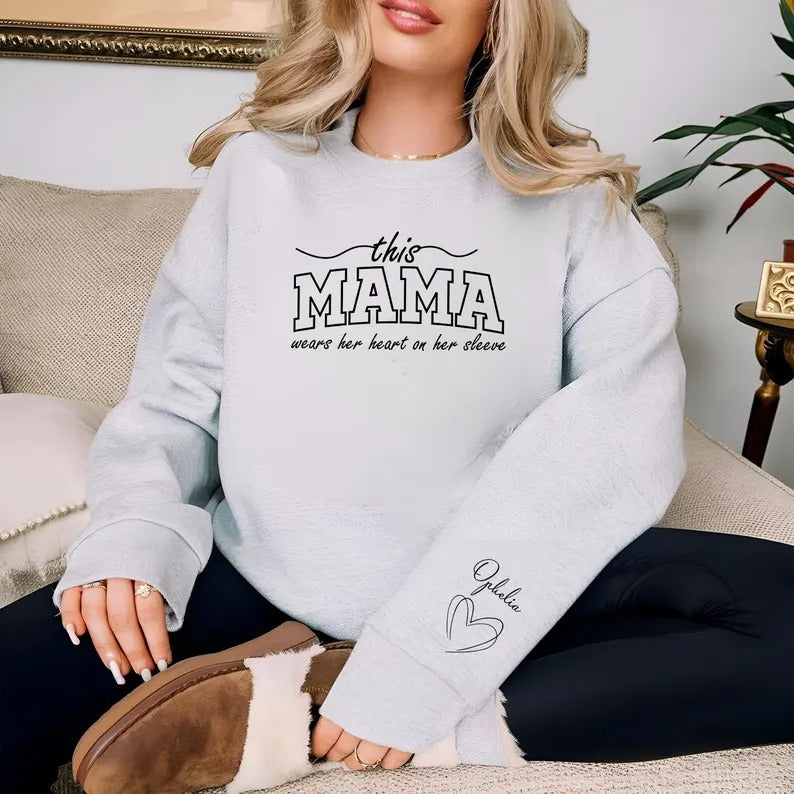 This Mama Wears Her Heart On Her Sleeve Sweater, Mom Sweatshirt Mother's Day Jumpers, Mom Crewneck Sweaters, Mothers Day Gifts