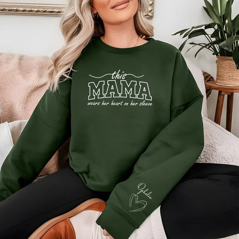 This Mama Wears Her Heart On Her Sleeve Sweater, Mom Sweatshirt Mother's Day Jumpers, Mom Crewneck Sweaters, Mothers Day Gifts