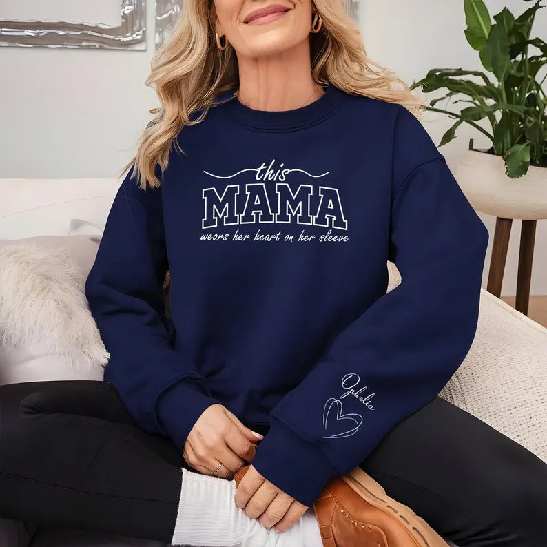 This Mama Wears Her Heart On Her Sleeve Sweater, Mom Sweatshirt Mother's Day Jumpers, Mom Crewneck Sweaters, Mothers Day Gifts