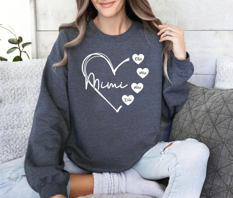 Custom Mimi Heart Sweatshirt, Personalised Mimi Crewneck, Cute Sweatshirt for Mom, Comfortable Mama Pullover, Mother's Day Gifts for Mimi