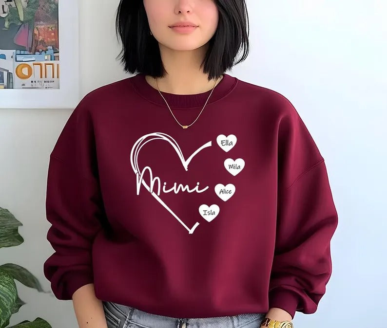 Custom Mimi Heart Sweatshirt, Personalised Mimi Crewneck, Cute Sweatshirt for Mom, Comfortable Mama Pullover, Mother's Day Gifts for Mimi