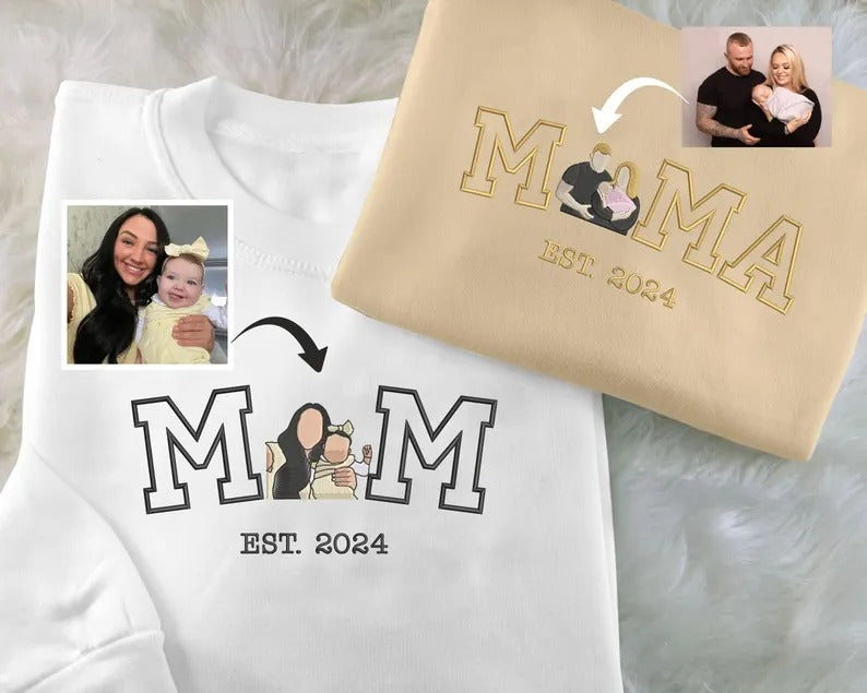 Embroidered Mom Photo Portrait Sweatshirt, Personalised Sketch from Picture Mother's Day Sweater, Custom Mom Name Jumper, Mother's Day Gifts