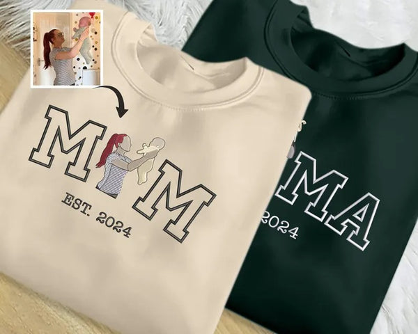 Embroidered Mom Photo Portrait Sweatshirt, Personalised Sketch from Picture Mother's Day Sweater, Custom Mom Name Jumper, Mother's Day Gifts
