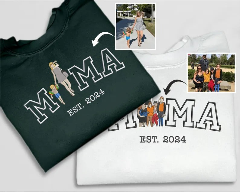 Embroidered Mom Photo Portrait Sweatshirt, Personalised Sketch from Picture Mother's Day Sweater, Custom Mom Name Jumper, Mother's Day Gifts