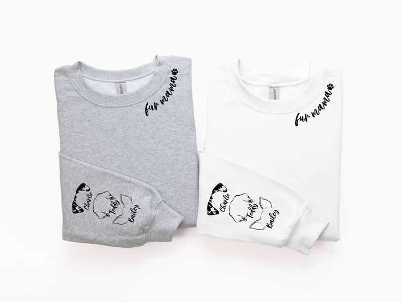 Personalised Fur Mama Sweatshirt, Dog Mom Sweater, Personalised Dog Ear On Sleeve Printed Sweater, Dog Lover Gift, Mothers Day Gifts for Her