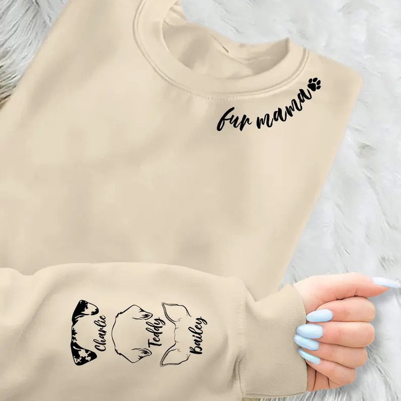 Personalised Fur Mama Sweatshirt, Dog Mom Sweater, Personalised Dog Ear On Sleeve Printed Sweater, Dog Lover Gift, Mothers Day Gifts for Her