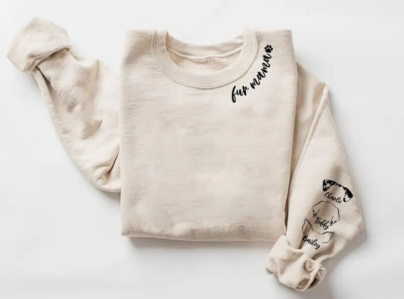 Personalised Fur Mama Sweatshirt, Dog Mom Sweater, Personalised Dog Ear On Sleeve Printed Sweater, Dog Lover Gift, Mothers Day Gifts for Her