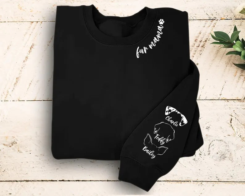 Personalised Fur Mama Sweatshirt, Dog Mom Sweater, Personalised Dog Ear On Sleeve Printed Sweater, Dog Lover Gift, Mothers Day Gifts for Her
