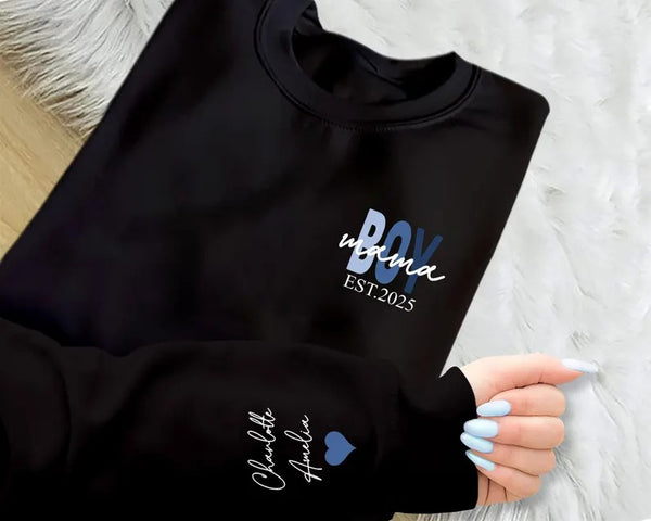 Personalised Boy Mama Sweater, Custom Mama Of Boys Sweatshirt With Kids Names on Sleeve, Mom Printed Jumper, New Mom Gifts, Mothers Day Gift