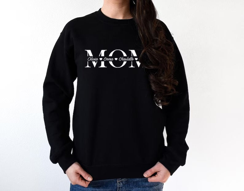 Personalised Mom Sweatshirt, Custom Kids Name Printed Sweatshirt, Minimalist Mummy Monogram Jumper, Mum Crewneck Sweater, Mother's Day Gift