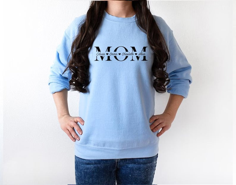Personalised Mom Sweatshirt, Custom Kids Name Printed Sweatshirt, Minimalist Mummy Monogram Jumper, Mum Crewneck Sweater, Mother's Day Gift