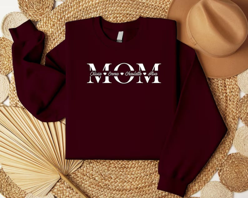 Personalised Mom Sweatshirt, Custom Kids Name Printed Sweatshirt, Minimalist Mummy Monogram Jumper, Mum Crewneck Sweater, Mother's Day Gift