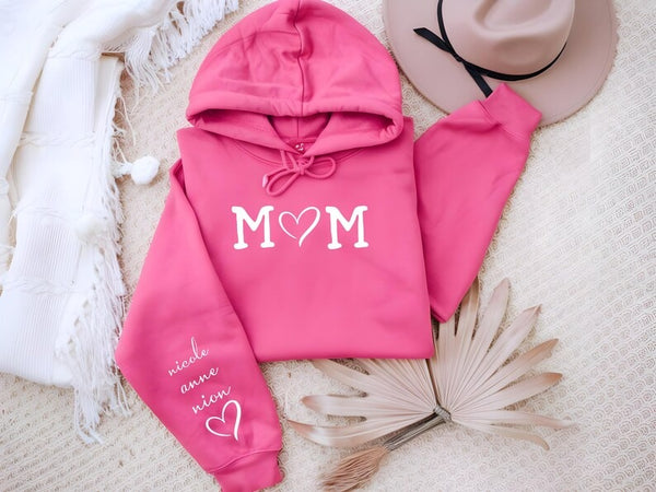Personalised Mom Hoodie, Custom Mummy Kids name on Sleeve Hoodie, Minimalist Mom Sweatshirt, Heart Printed Mommy Jumper, Mother's Day Gifts
