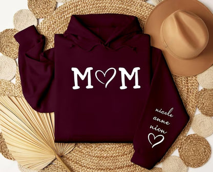 Personalised Mom Hoodie, Custom Mummy Kids name on Sleeve Hoodie, Minimalist Mom Sweatshirt, Heart Printed Mommy Jumper, Mother's Day Gifts
