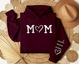 Personalised Mom Hoodie, Custom Mummy Kids name on Sleeve Hoodie, Minimalist Mom Sweatshirt, Heart Printed Mommy Jumper, Mother's Day Gifts