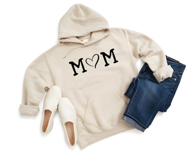 Personalised Mom Hoodie, Custom Mummy Kids name on Sleeve Hoodie, Minimalist Mom Sweatshirt, Heart Printed Mommy Jumper, Mother's Day Gifts