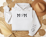 Personalised Mom Hoodie, Custom Mummy Kids name on Sleeve Hoodie, Minimalist Mom Sweatshirt, Heart Printed Mommy Jumper, Mother's Day Gifts
