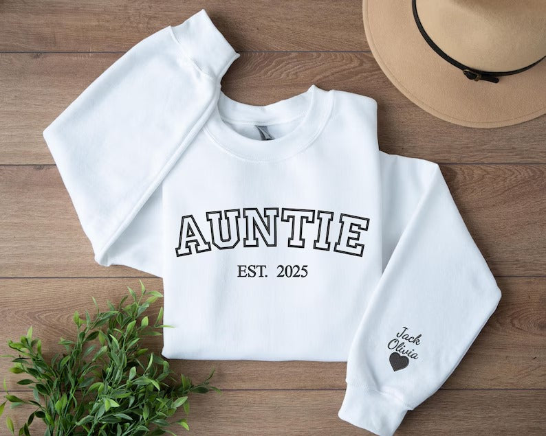 Custom Auntie Crewneck Sweatshirt, Embroidered Kids Name on Sleeve Sweater, Personalised Aunty Est Date Jumper, Mother Day Gift for New Aunt