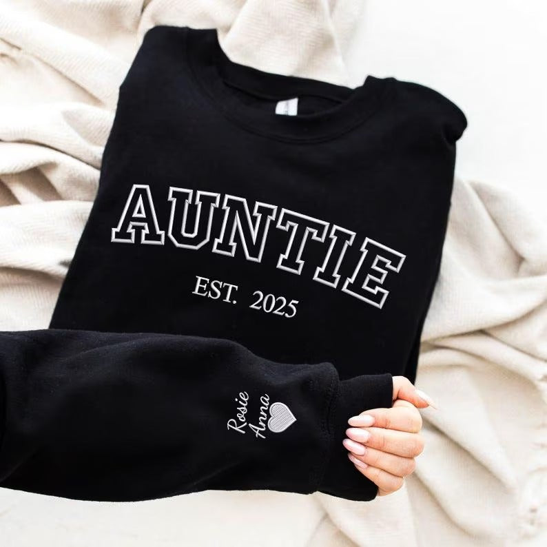 Custom Auntie Crewneck Sweatshirt, Embroidered Kids Name on Sleeve Sweater, Personalised Aunty Est Date Jumper, Mother Day Gift for New Aunt