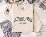 Custom Auntie Crewneck Sweatshirt, Embroidered Kids Name on Sleeve Sweater, Personalised Aunty Est Date Jumper, Mother Day Gift for New Aunt