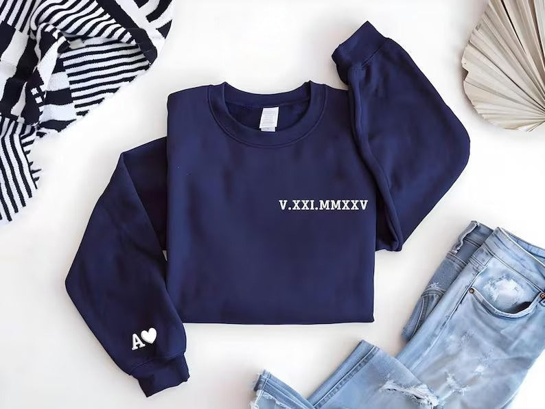 Personalised Roman Numeral Puff Printed Sweater, Custom Sleeve Initials Embossed Sweater, Couple Matching Crewneck Jumper, Anniversary Gifts
