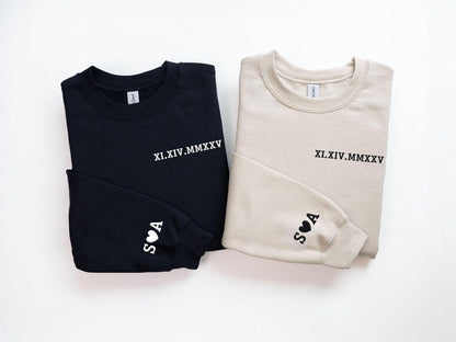 Personalised Roman Numeral Puff Printed Sweater, Custom Sleeve Initials Embossed Sweater, Couple Matching Crewneck Jumper, Anniversary Gifts