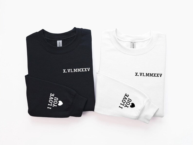 Personalised Roman Numeral Puff Printed Sweater, Custom Sleeve Initials Embossed Sweater, Couple Matching Crewneck Jumper, Anniversary Gifts