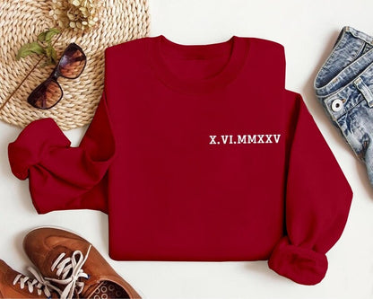 Personalised Roman Numeral Puff Printed Sweater, Custom Sleeve Initials Embossed Sweater, Couple Matching Crewneck Jumper, Anniversary Gifts