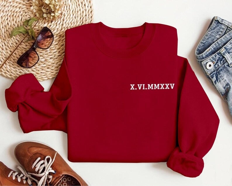 Personalised Roman Numeral Puff Printed Sweater, Custom Sleeve Initials Embossed Sweater, Couple Matching Crewneck Jumper, Anniversary Gifts