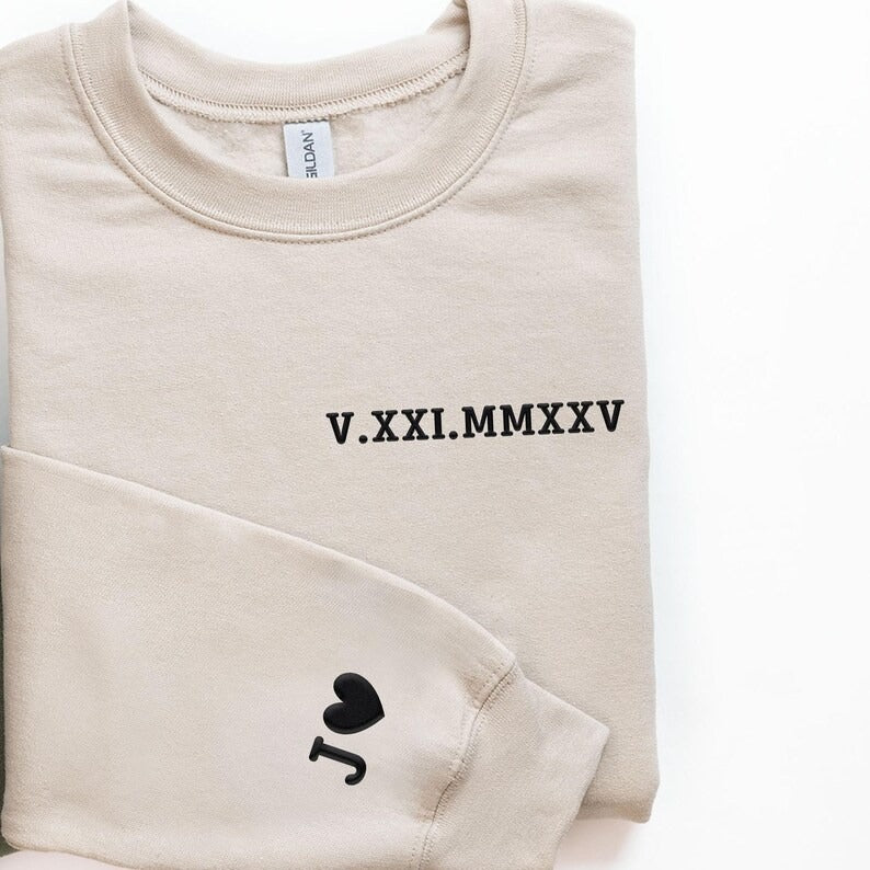 Personalised Roman Numeral Puff Printed Sweater, Custom Sleeve Initials Embossed Sweater, Couple Matching Crewneck Jumper, Anniversary Gifts
