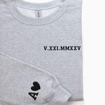 Personalised Roman Numeral Puff Printed Sweater, Custom Sleeve Initials Embossed Sweater, Couple Matching Crewneck Jumper, Anniversary Gifts