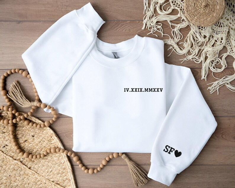 Personalised Roman Numeral Puff Printed Sweater, Custom Sleeve Initials Embossed Sweater, Couple Matching Crewneck Jumper, Anniversary Gifts