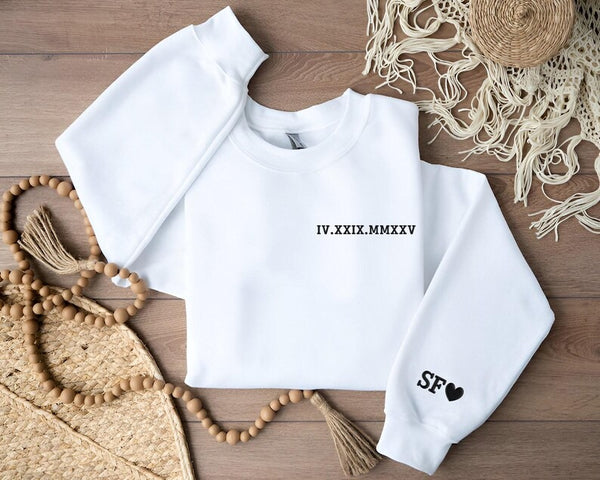 Personalised Roman Numeral Puff Printed Sweater, Custom Sleeve Initials Embossed Sweater, Couple Matching Crewneck Jumper, Anniversary Gifts