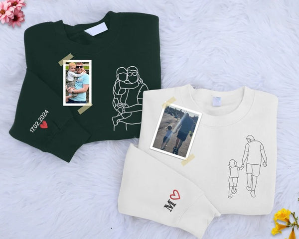 Custom Portrait from Photo Dad Sweatshirt, Embroidered Family Sketch Sweaters, Memorable Father's Day Gift, Special Matching Jumper for Dad