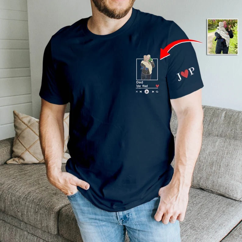 Personalised Dad Portrait Photo T Shirt, Embroidered Sketch Shirt with Song Album, Custom Matching initials Tops, Fathers Day Gift for Daddy