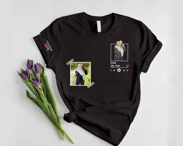 Personalised Dad Portrait Photo T Shirt, Embroidered Sketch Shirt with Song Album, Custom Matching initials Tops, Fathers Day Gift for Daddy