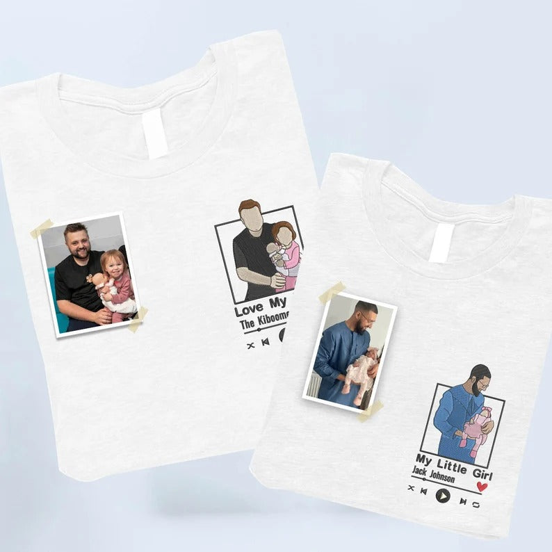 Personalised Dad Portrait Photo T Shirt, Embroidered Sketch Shirt with Song Album, Custom Matching initials Tops, Fathers Day Gift for Daddy