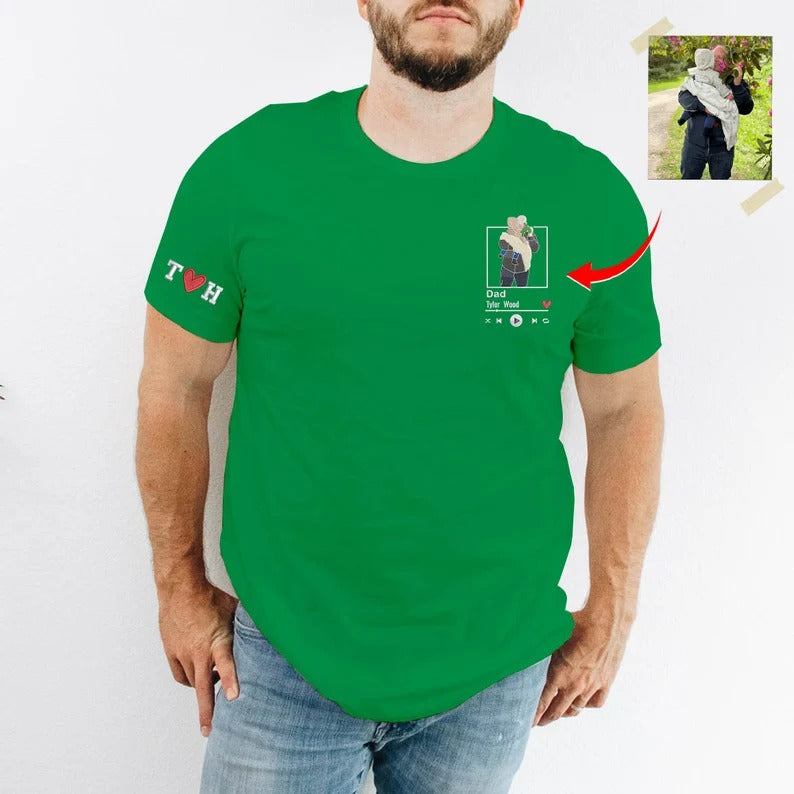 Personalised Dad Portrait Photo T Shirt, Embroidered Sketch Shirt with Song Album, Custom Matching initials Tops, Fathers Day Gift for Daddy