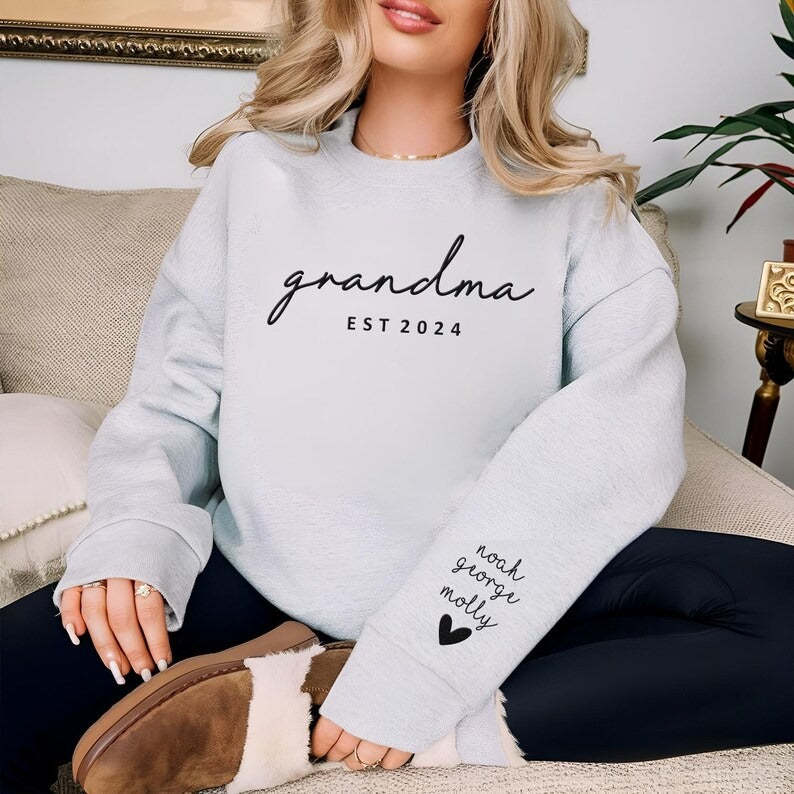 Personalised Grandma Sweatshirt, Custom Embossed Est Date Puff Printed Sweater, Grandkids Names on Sleeve Crewneck Jumper, Mothers Day Gifts