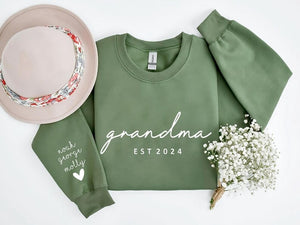 Personalised Grandma Sweatshirt, Custom Embossed Est Date Puff Printed Sweater, Grandkids Names on Sleeve Crewneck Jumper, Mothers Day Gifts