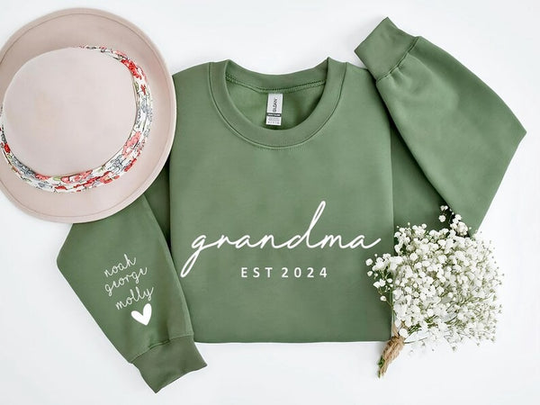 Personalised Grandma Sweatshirt, Custom Embossed Est Date Puff Printed Sweater, Grandkids Names on Sleeve Crewneck Jumper, Mothers Day Gifts